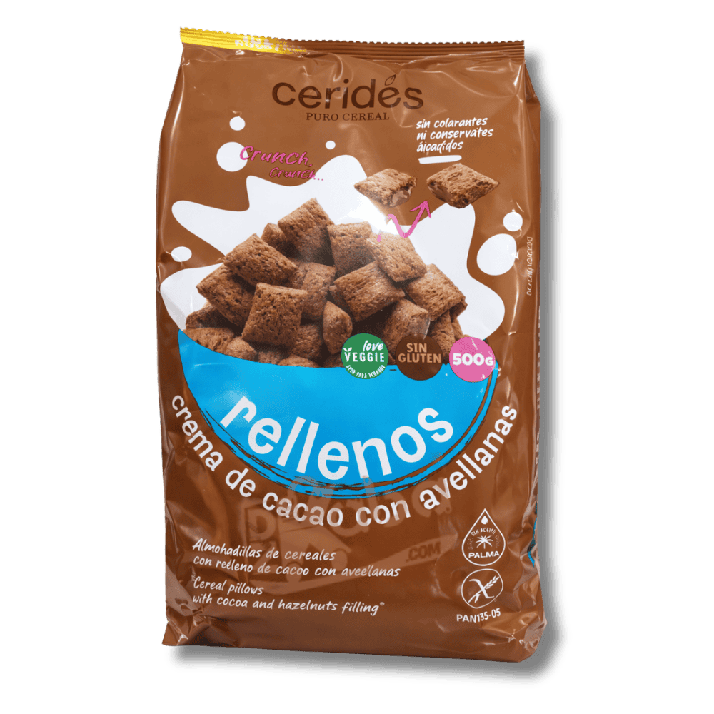 Cerides Cereal Pillows Cocoa Hazelnut Filling Gluten Free 500g