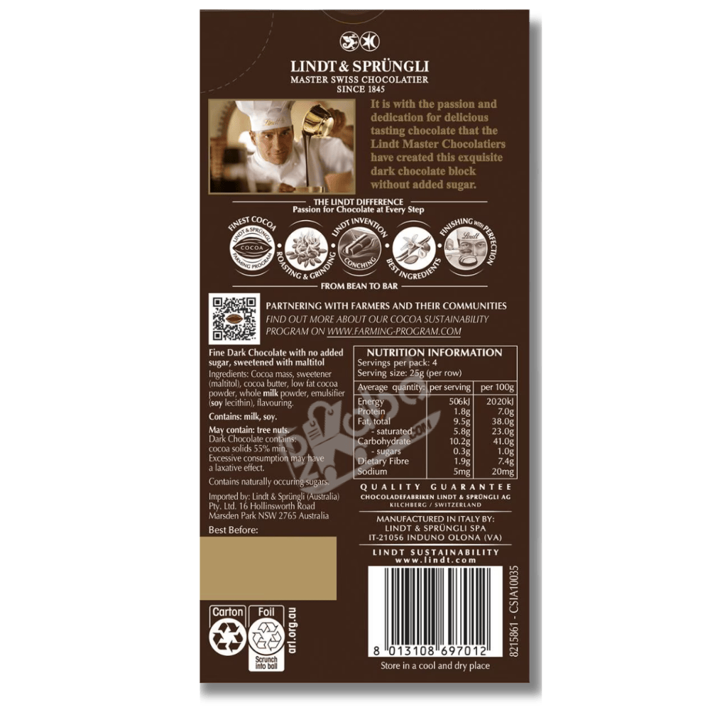 Lindt Dark Chocolate Sugar Free 100g