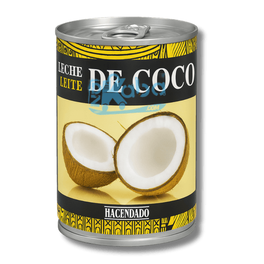 Can of Hacendado Leche de Coco with coconut illustration on a green background