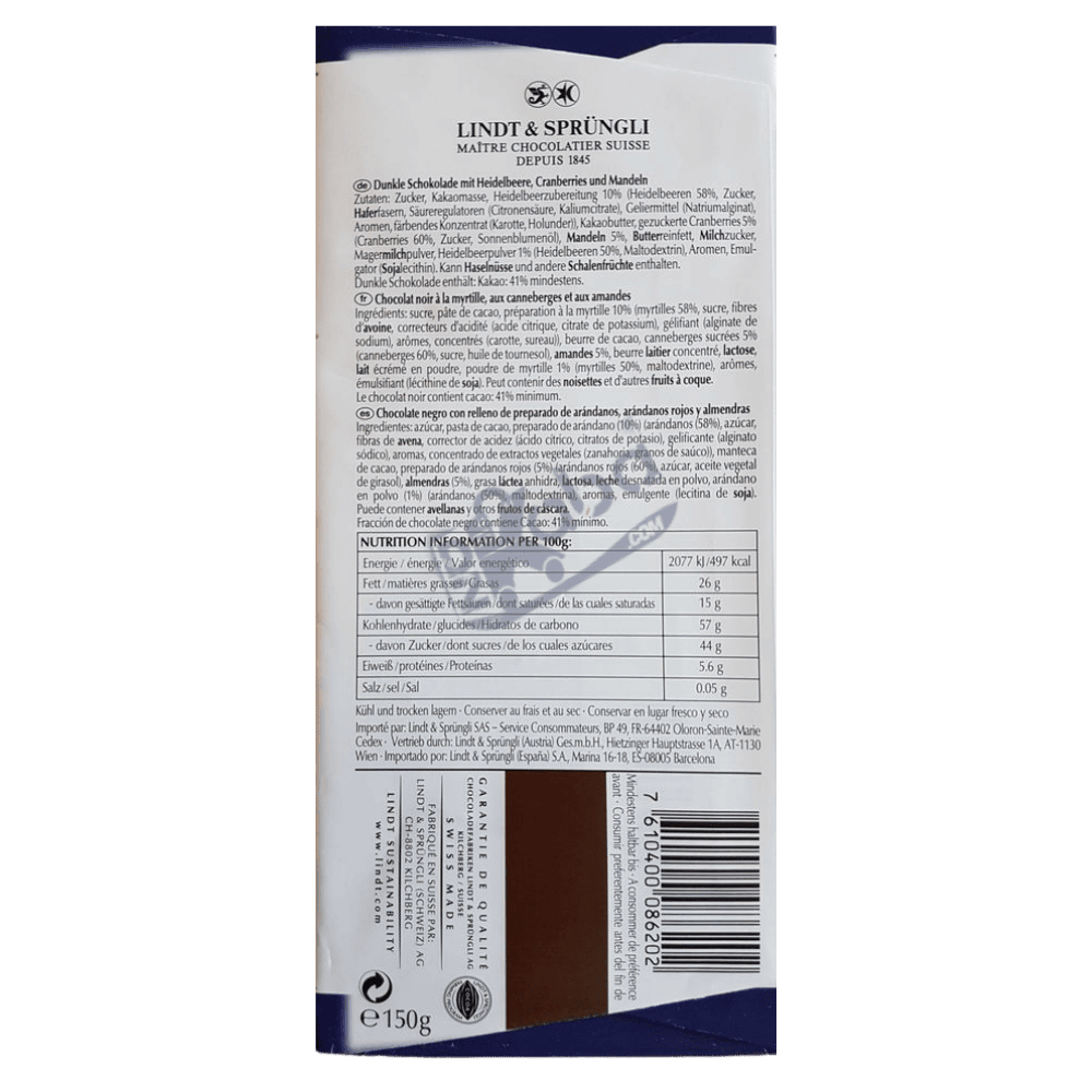Lindt Les Grandes Dark Chocolate Blueberry & Cranberry 150g