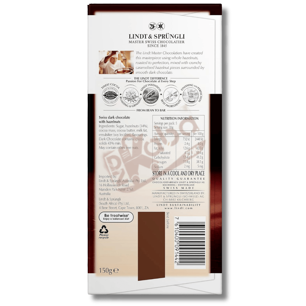 Lindt Les Grandes Dark Chocolate Hazelnuts 150g