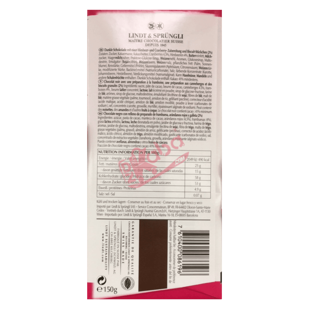 Lindt Les Grandes Dark Chocolate Raspberry & Cranberry 150g