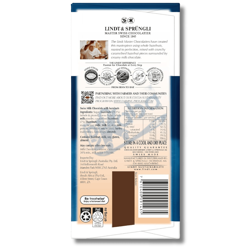 Lindt Les Grandes Milk Chocolate Hazelnuts 150g