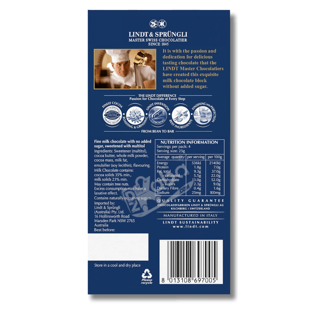 Lindt Milk Chocolate Sugar Free 100g