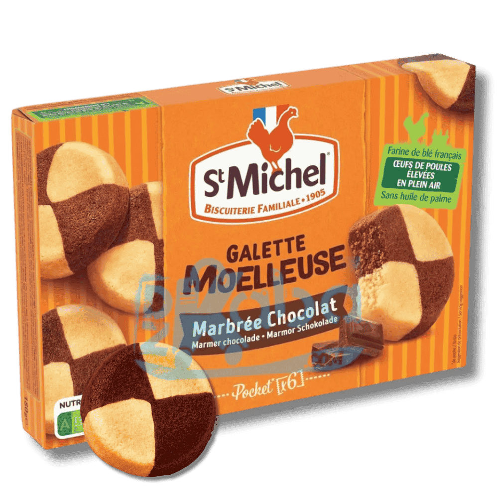 Box of St. Michel Galette Moelleuse with checkered chocolate and vanilla design on a green background
