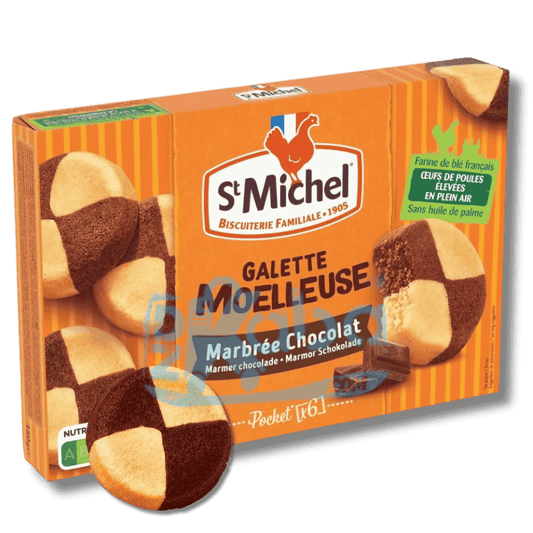 Box of St. Michel Galette Moelleuse with checkered chocolate and vanilla design on a green background